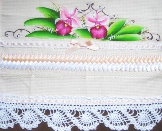 pintura em tecido pano de prato crochê orquídea