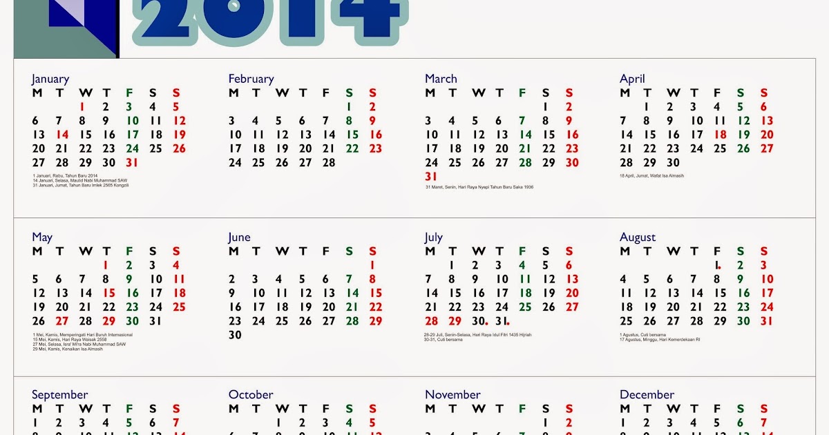 Kalender 2014  Lengkap Dengan Hari Libur Nasional dan 