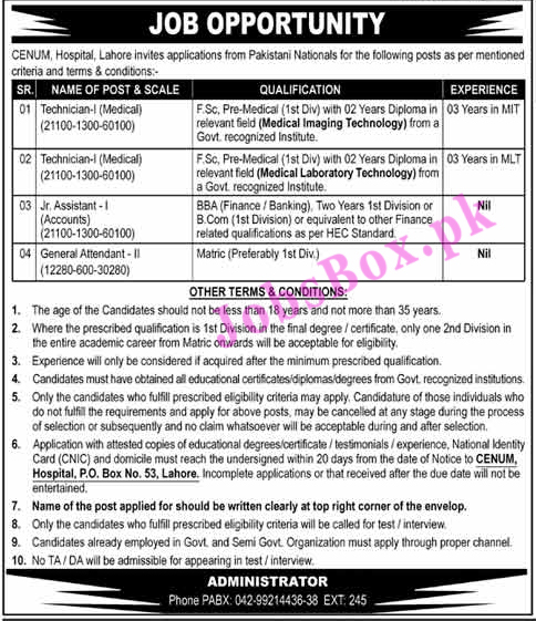 Pakistan Atomic Energy CENUM Hospital Jobs 2021 in Pakistan