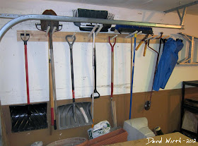 garage tool rack, shelf for lawn tools, rake, shovel, broom, chair, wood, pvc