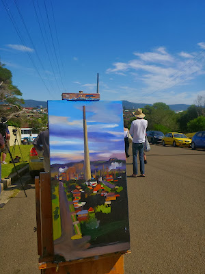 plein air painting of the Port Kembla Copper Stack by industrial heritage artist Jane Bennett