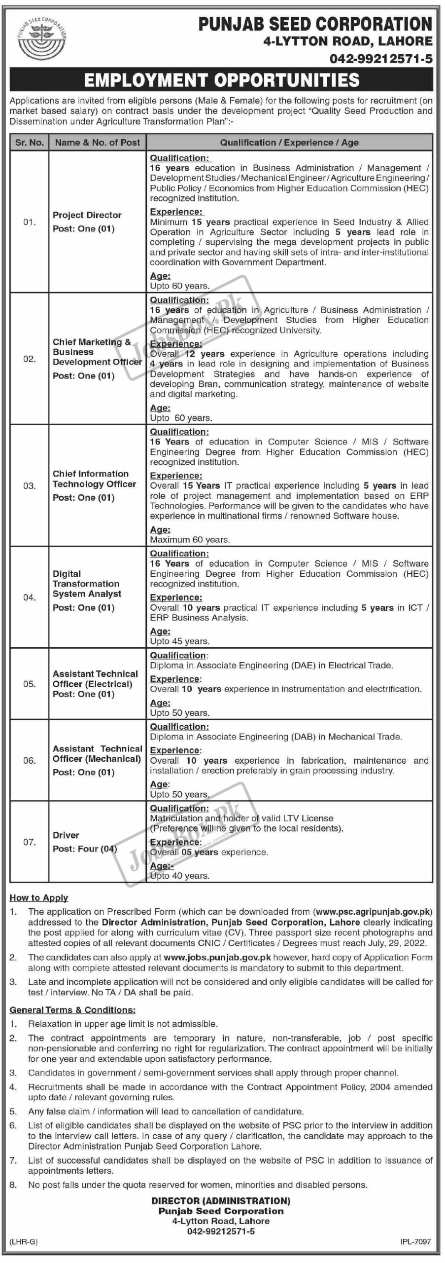 Punjab Seed Corporation Lahore jobs 2022 Application Form
