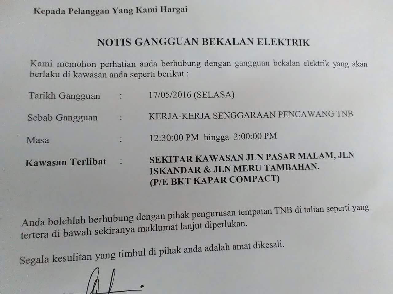 Info Bukit Kapar: Notis gangguan bekalan elektrik