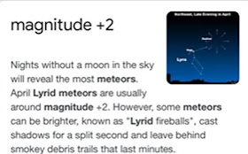 The predicted visual magnitude of the Lyrids should be eyeball visible in city lights (Source: Wikipedia)
