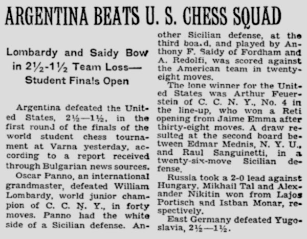 Argentina Beats U.S. Chess Squad; Lombardy and Saidy Bow in 2&half;-1&half; Team Loss—Student Finals Open