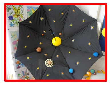 maqueta del sistema solar bonita con una sombrilla, sistema solar con material reciclable