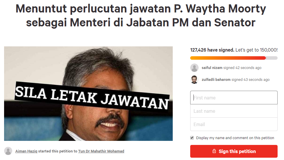 petisyen tuntut waytha moorthy letak jawatan