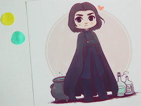 A photo of a print featuring artwork by Naomi Lord of Professor Snape in a kawaii style