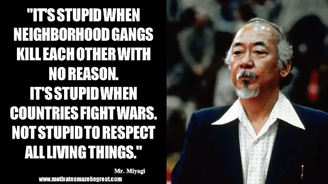 Mr. Miyagi Inspirational Quotes For Wisdom:  "It's stupid when neighborhood gangs kill each other with no reason. It's stupid when countries fight wars. Not stupid to respect all living things." - Mr. Miyagi