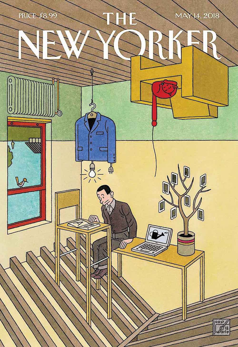 a Joost Swarte illustration May 14 2018 New Yorker Magazine, a man in his upside down house