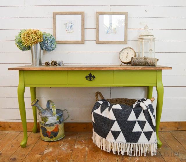 hand painted console table, green furniture, chalk painted sofa table, painted sofa table ideas, rustic console table, sofa table makeover
