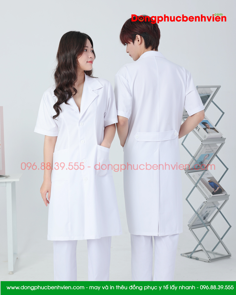 Áo blouse trắng nam - nữ cao cấp chuẩn form - Áo blu cộc tay, dáng dài cho bác sĩ, thẩm mỹ viện