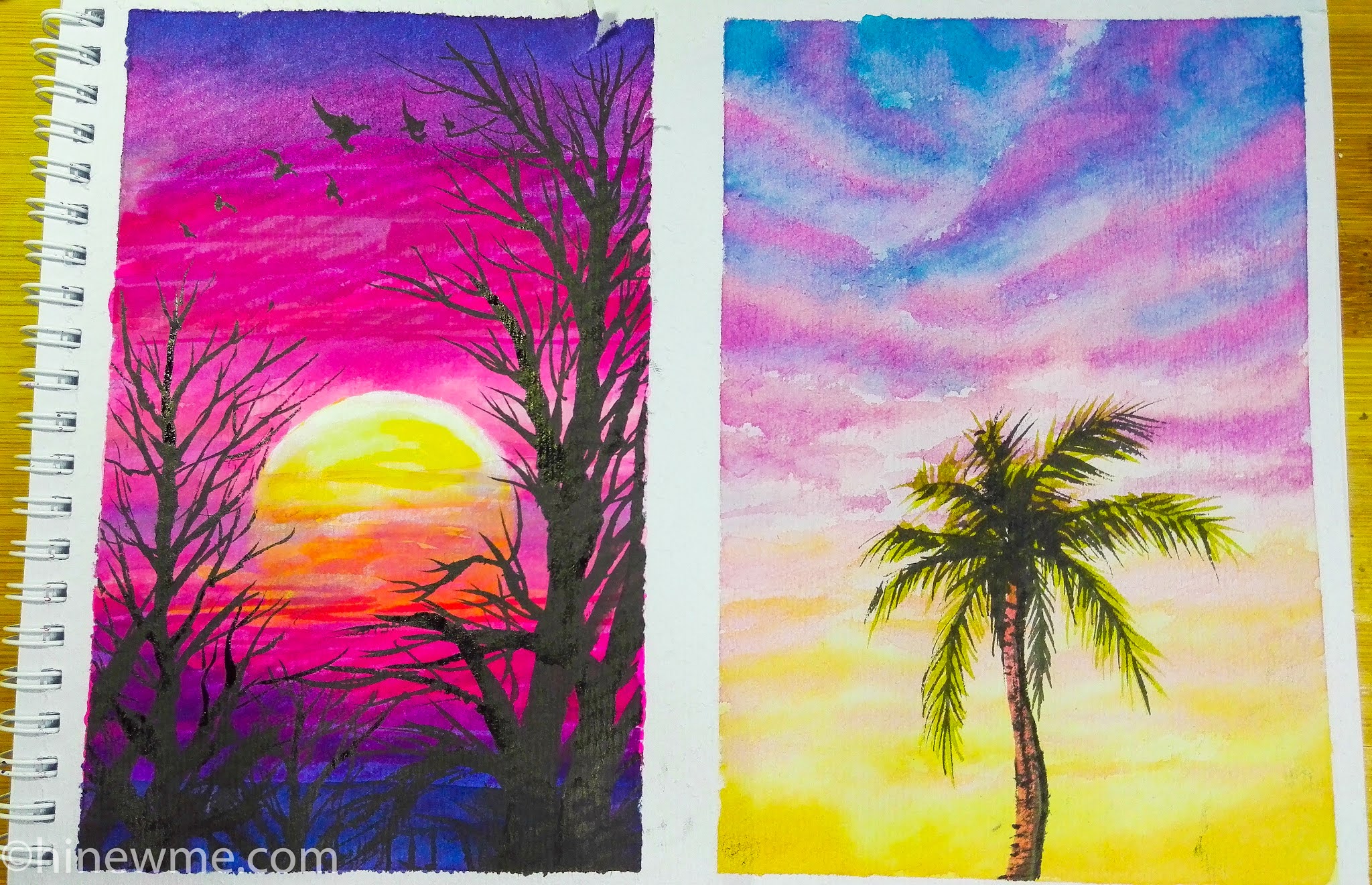 2 How to draw watercolor pink style sunset landscape, come to see my online class