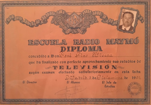 Diploma en Televisión de José Pino Rivera (Academia Maymó de Barcelona, de 03 de diciembre de 1965). Fuente: Archivo de José Pino Rivera.