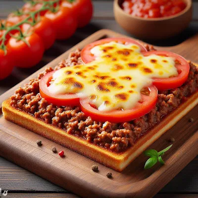 Auf dem Bild ist ein frisch überbackenes bayrisches Hüttenbrot zusehen. Die Mischbrot-Scheibe ist mit Rinderhack belegt und gebraten worden. Darauf liegen Tomatenscheiben mit geriebenem Käse. Das Ganze wurde überbacken, denn der Käse ist leicht verlaufen und goldbraun.