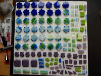 Fused glass on the kiln shelf and ready to fire