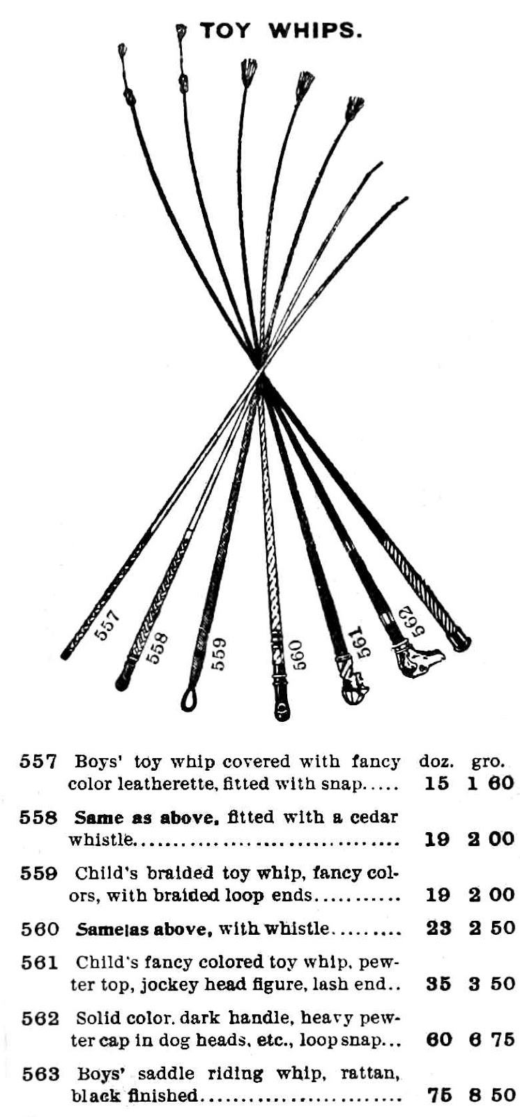1903 toy whips for children with descriptions