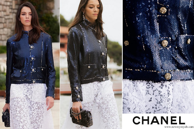 Princess Caroline wore Chanel navy blue glitter muslin jacket