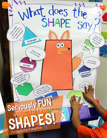 Seriously FUN Ways to Teach Shapes!  What Does the SHAPE Say? anchor chart/game board  Around the Kampfire