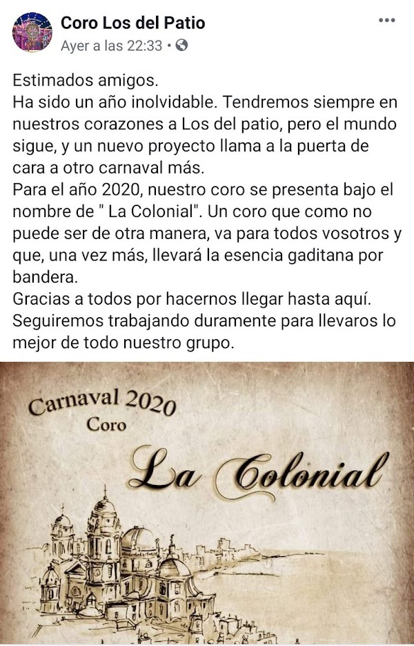 El Coro "Los del Patio" anuncia si nombre para el 2020