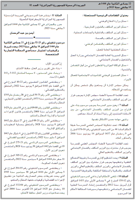 مرسوم تنفيذي رقم 23-52 يحدد شروط وكيفيات اختيار مساعدي المحكمة التجارية المتخصصة