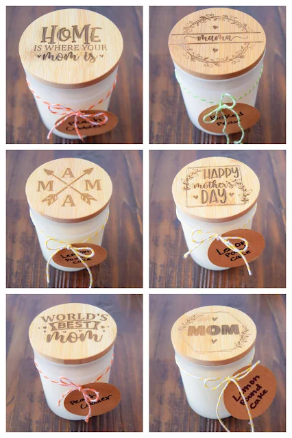 collage of candles with laser engraved wood lids