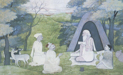 The sage-poet Valmiki teaches Ramayana in Dandaka Forest. His disciples, Kusa and Love, listen attentively.