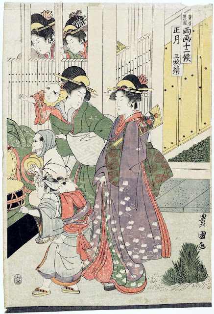 Ukiyo-e. Träsnitt. Triptyk. Twelve Months by Two Artists, Toyokuni and Toyohiro.