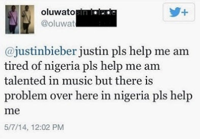 Nigerian Guy Begs Justin Bieber To Take Him Away From Nigeria Via Tweeter