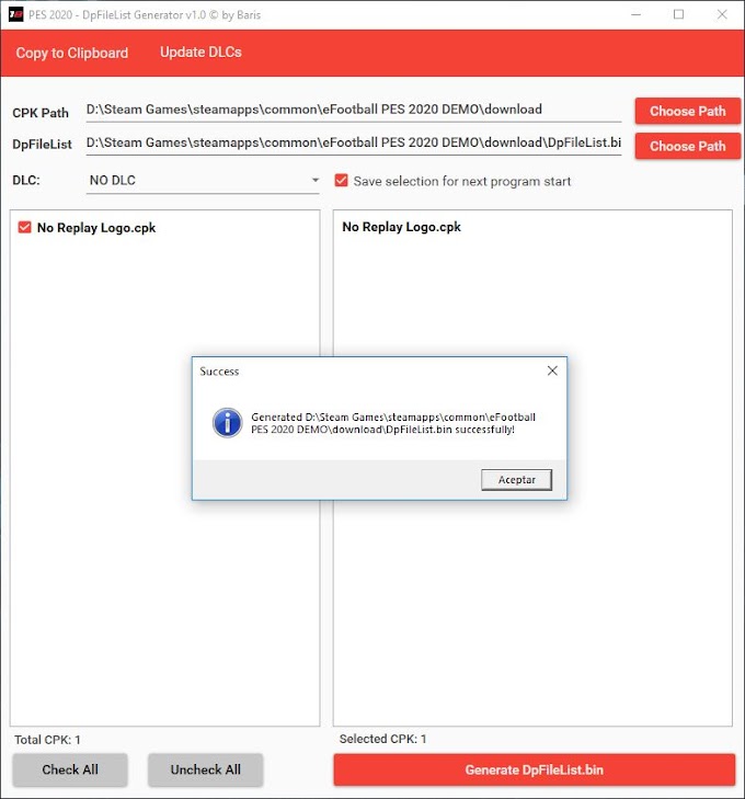 DpFileList Generator Tool 2020 | V1.0 | PES2020 | Demo | PC