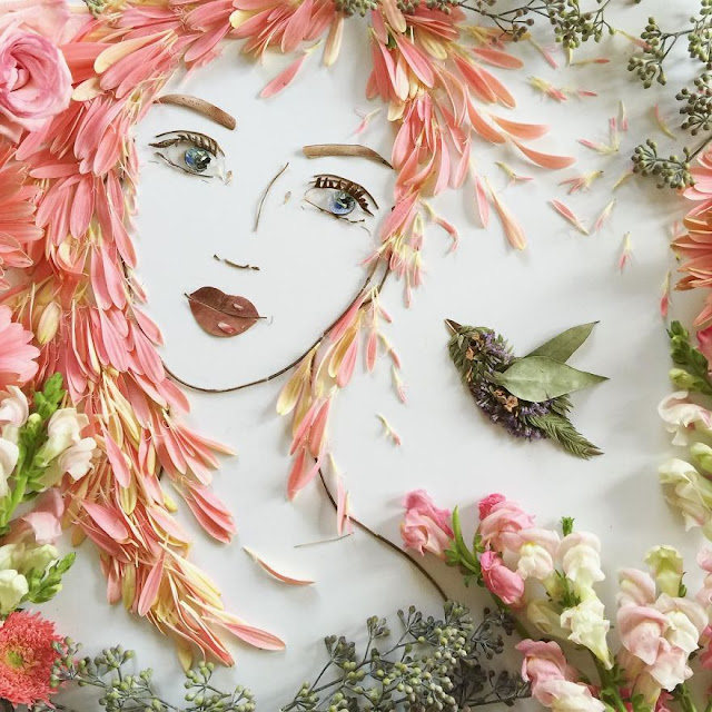 intricate portraits made from twigs and flowers