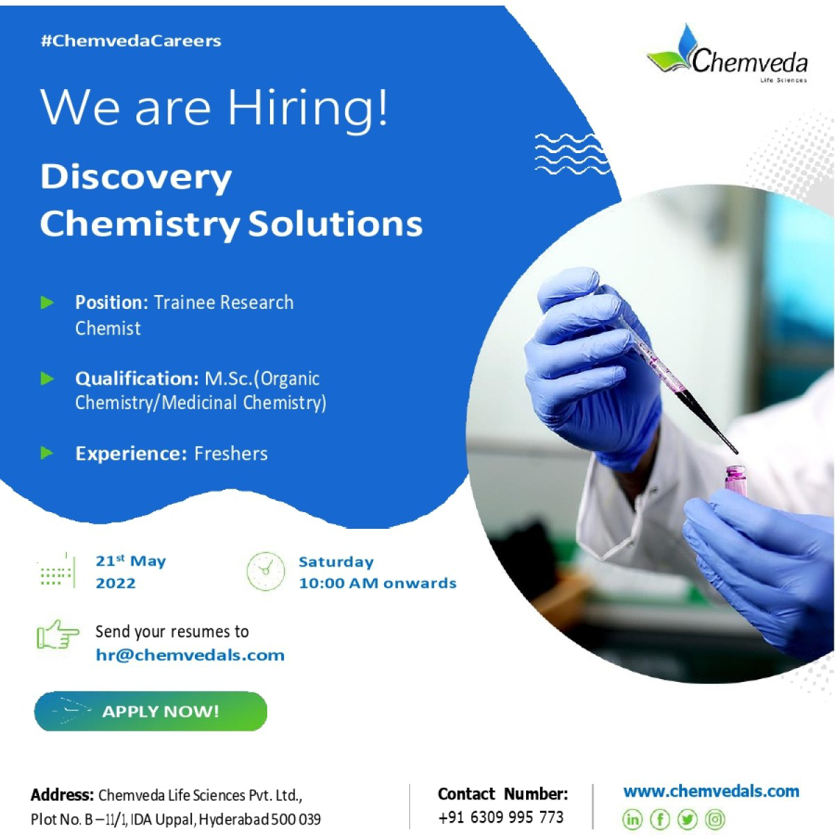 Job Availables,Chemveda Life Sciences Pvt. Ltd Job Vacancy For MSc Organic Chemistry/ Medicinal Chemistry - Freshers