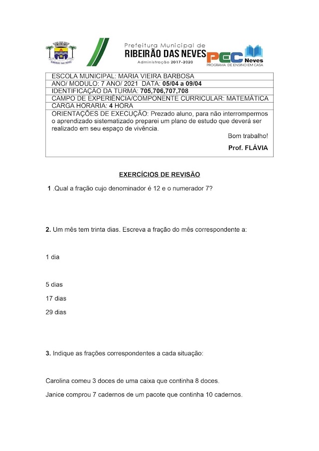 ATIVIDADES DE REVISÃO- MATEMÁTICA-05/04 A 09/04- PROFESSORA FLÁVIA