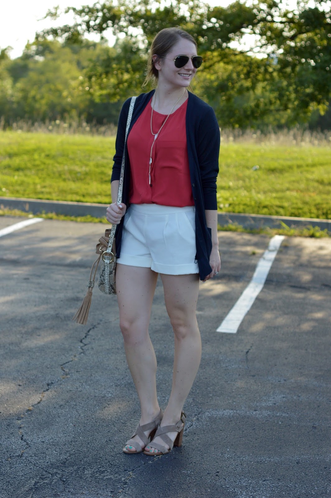 shorts with block heeled sandals | red white and blue looks | a memory of us | outfit ideas with white shorts | shorts with heels | what to pair with a boyfriend cardigan | 