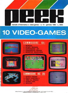 Peek. Mensile di informatica e video-games 13 - Gennaio 1986 | PDF HQ | Mensile | Computer | Programmazione | Commodore | Videogiochi
Numero volumi : 19
Peek è una rivista/raccolta di giochi su cassetta per C64 e VIC20.