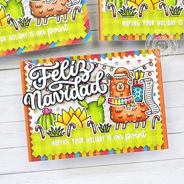 Sunny Studio Stamps: Feliz Navidad Holiday Cards by Marine Simon (featuring Stitched Rectangle Dies, Mini Mat & Tag Dies, Lovable Llama, Looking Sharp)
