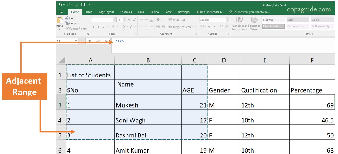 Adjacent Cell Range in MS-Excel