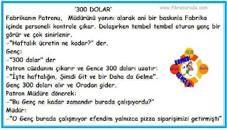 Fabrikanın patronu, müdürü yanına alarak ani bir baskınla fabrika içinde personeli kontrole çıkar. Dolaşırken tembel tembel oturan bir genç görür ve çok sinirlenir......