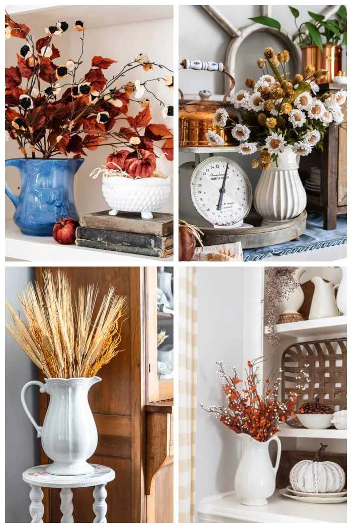 fall leaves and stems in vintage pitchers