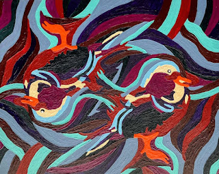 An abstracted, very colorful painting of two ducks, by Megan Wassom.