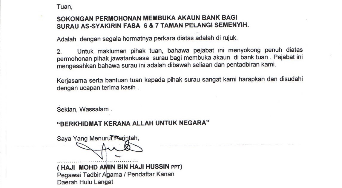 Contoh Surat Buka Akaun Bank Persatuan