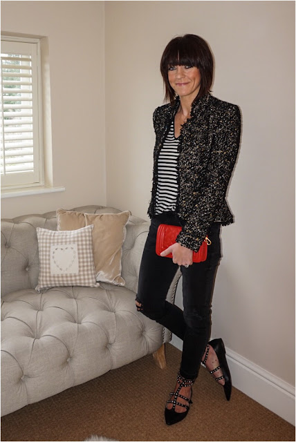 My Midlife Fashion, Studded flat ballet shoes, stripes, monochrome, mango, boucle jacket, distressed cigarette jeans, leather quilted bag