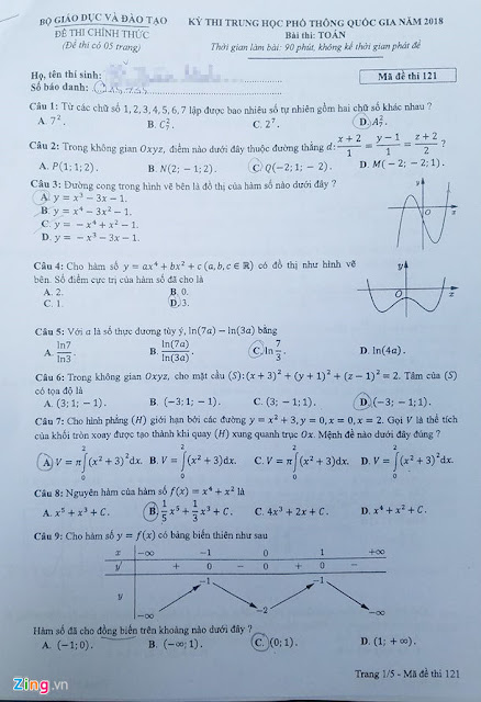 Đề thi môn Toán THPT quốc gia 2018