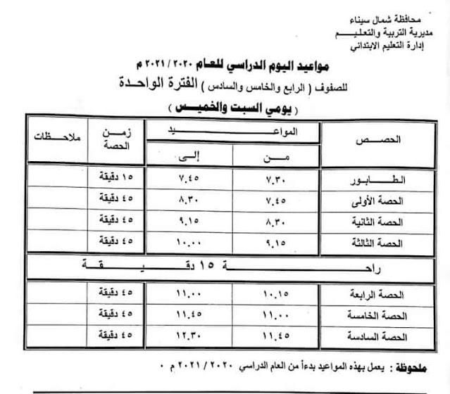 - جدول الصف الرابع والخامس والسادس الابتدائى نظام الفترة الواحدة