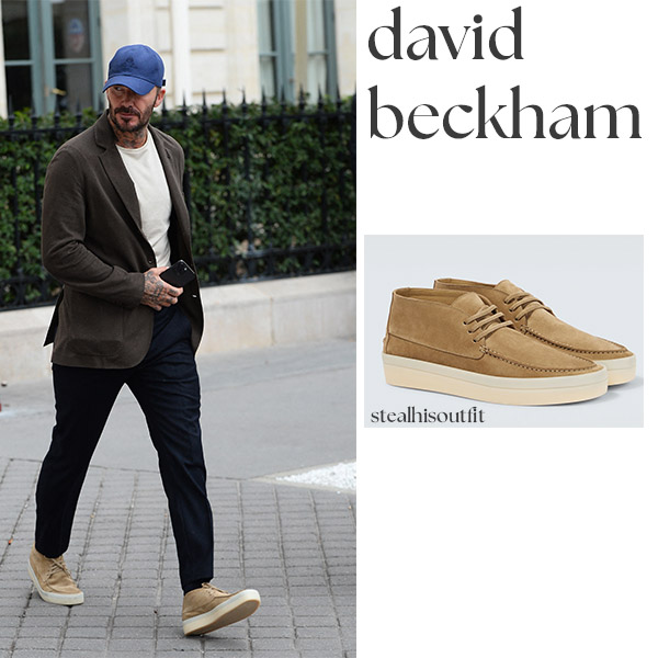 David Beckham in tan suede sneakers and brown jacket
