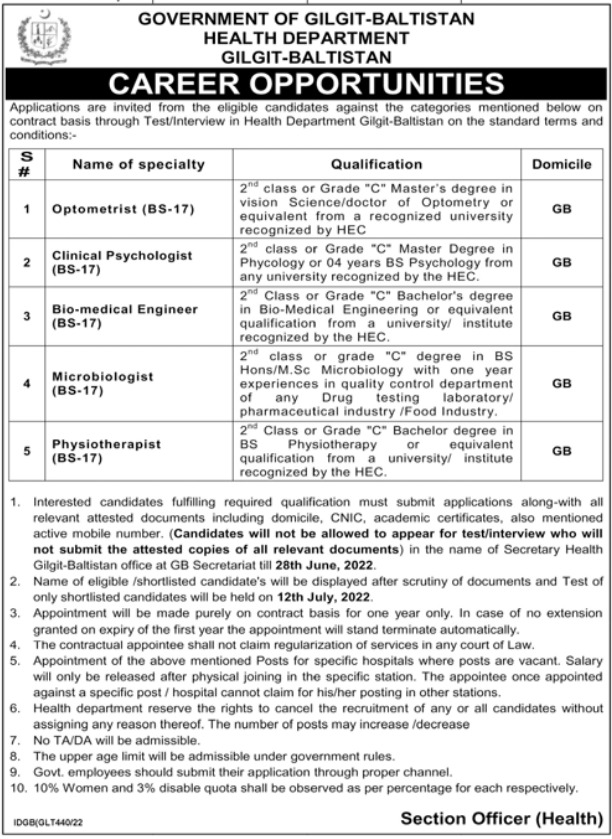 Vacancies Announcement at Health Department Gilgit Baltistan Jobs 2022 | Pak Jobs