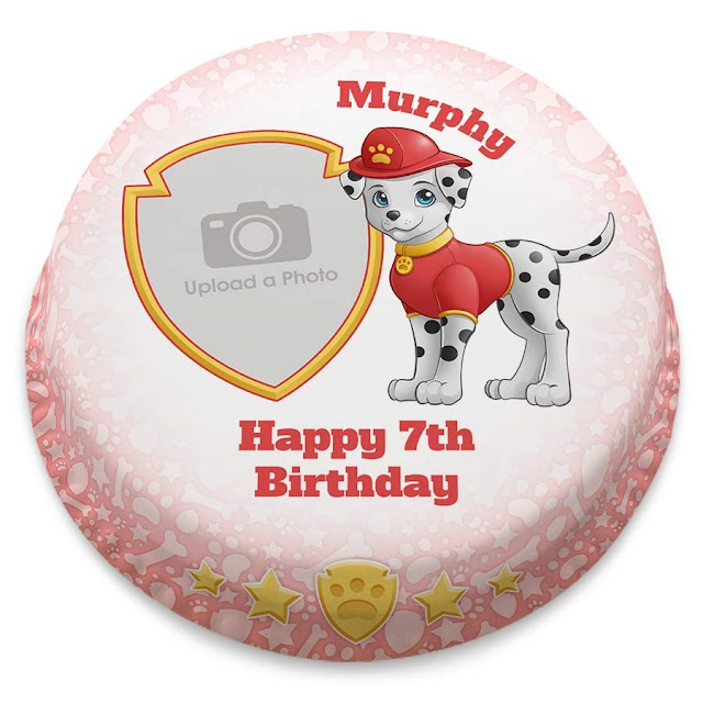 A small cake iced with the print of a dalmatian dog dressed as a fire service dog, a birthday message and space for a photo are also on the cake