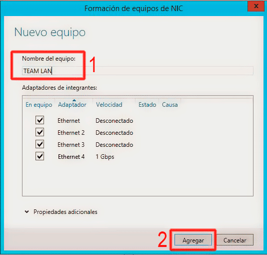 Formación de equipos de NIC - Crear un nuevo equipo.