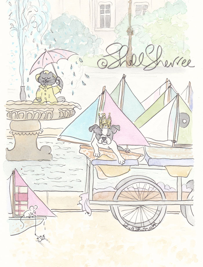 Paris Jardin du Luxembourg illustration Boston Terrier and Kitty Cat with Sailboats  © Shell Sherree all rights reserved