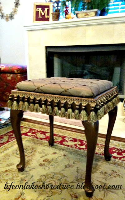 alt="queen anne stool makeover tutorial with martha stewart metallic bronze and fringe"